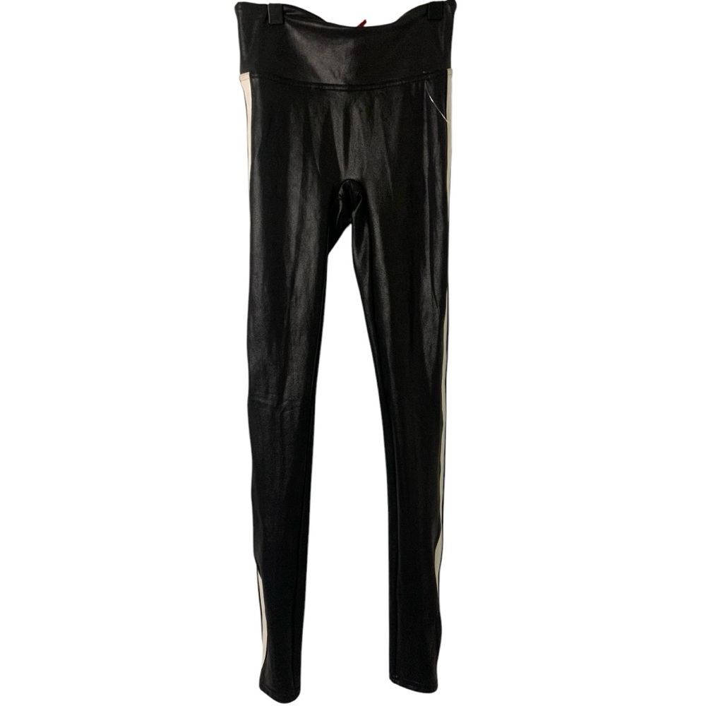 Spanx XS Blaxk Faux Leather Leggings with White Stripe Casual Minimalist Basic